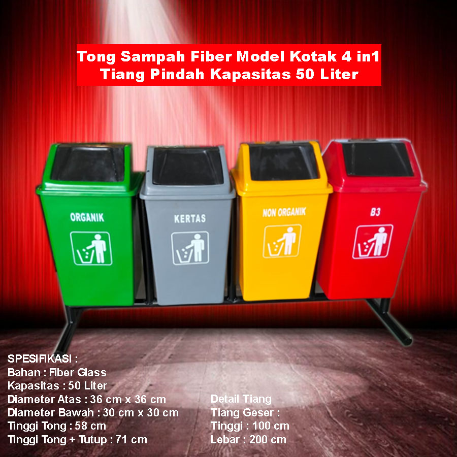 Tong Sampah Fiber Model Kotak 4 in1 Tiang Pindah